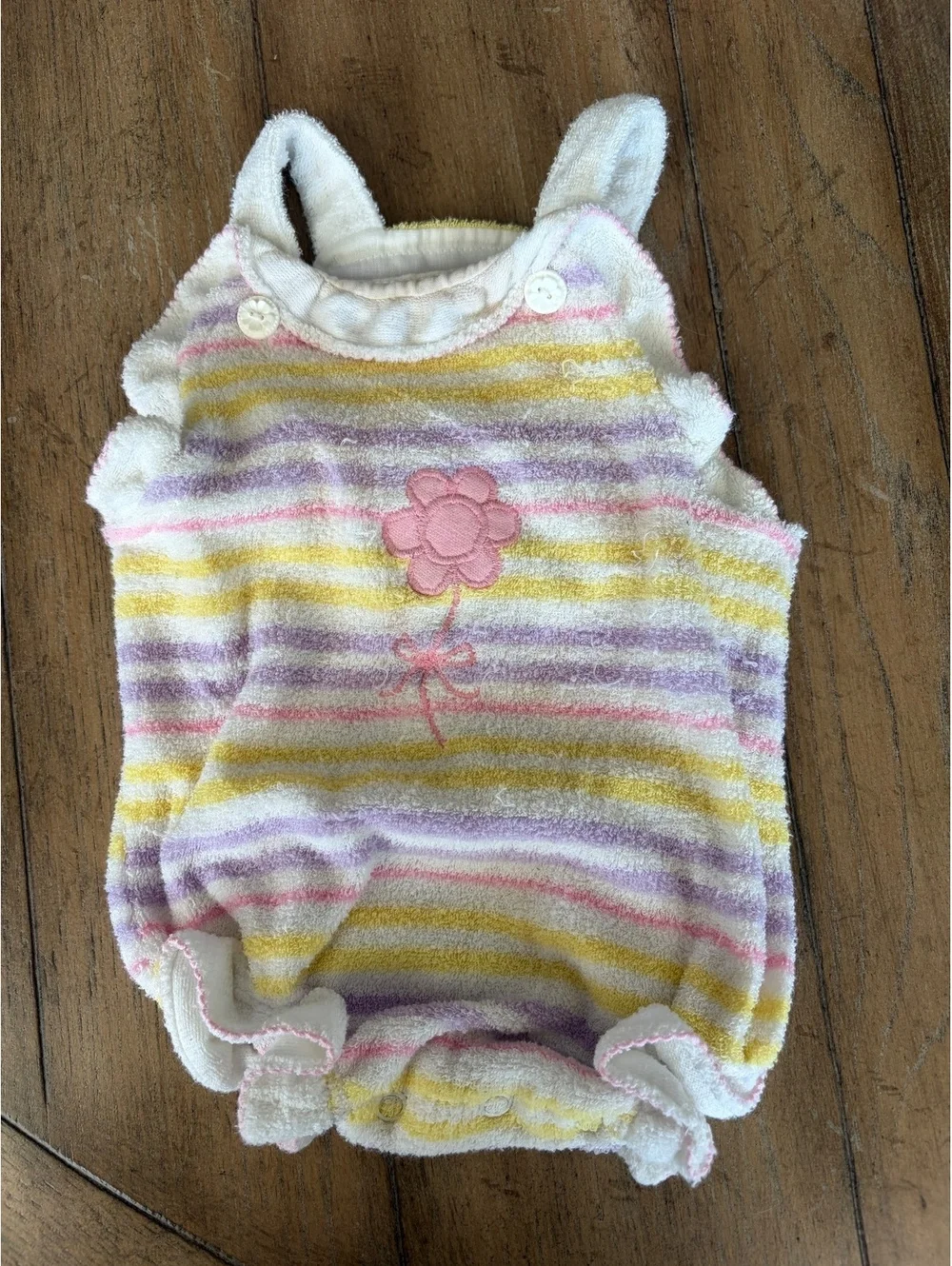 Vintage 70s baby girl terry cloth romper summer stripe 12 month flower Carters